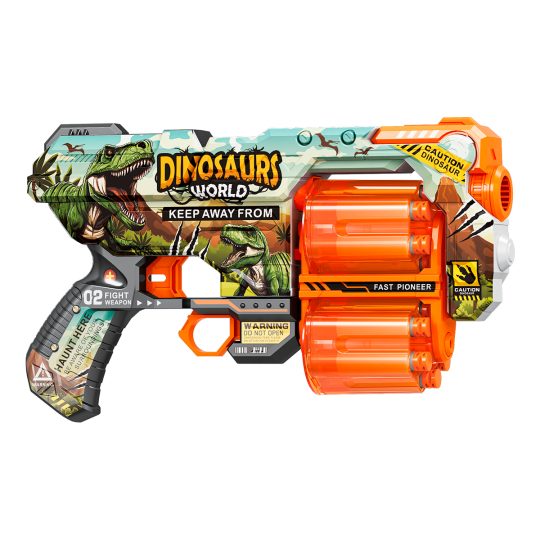 JUGUETE PISTOLA DE 12 DARDOS-DINOSAURS WORLD-RUEDA GIRATORIA